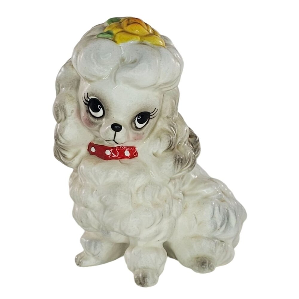 Vintage Josef Originals Ceramic Poodle Figurine Red Collar Yellow Flower